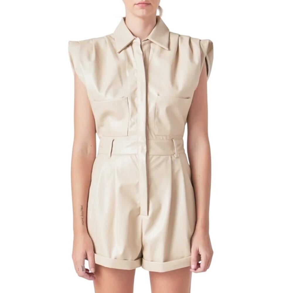 Grey Lab NWT Erin Cream Faux Leather Sleeveless Button Up Pockets Utility Romper